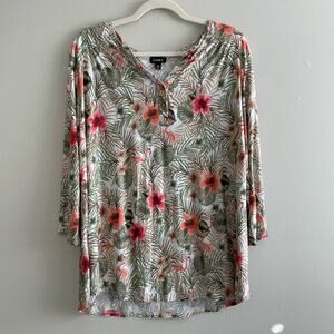 Links Size 1X Green Tan Tropical Pattern Top Flamingo Long Sleeves